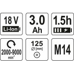 Akumuliatorinis kampinis šlifuoklis | bešepetėlinis | 3 Ah | 125 mm | 18V (YT-82829) Akumuliatorinis kampinis šlifuoklis | bešepetėlinis | 3 Ah | 125 mm | 18V (YT-82829)