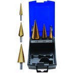 Grąžtai skylės platinimui pakopiniai | Titano nitridas | Ø 4 - 30 mm | 3 vnt. (1624) Grąžtai skylės platinimui pakopiniai | Titano nitridas | Ø 4 - 30 mm | 3 vnt. (1624)