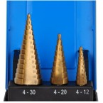 Grąžtai skylės platinimui pakopiniai | Titano nitridas | Ø 4 - 30 mm | 3 vnt. (1624) Grąžtai skylės platinimui pakopiniai | Titano nitridas | Ø 4 - 30 mm | 3 vnt. (1624)