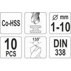 Grąžtų metalui rinkinys | Cobalt-HSS | 1-10mm | 10 vnt. (YT-41603)