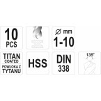 Grąžtų rinkinys | HSS-Titan | 1 - 10 mm | 10 vnt. (YT-44674)