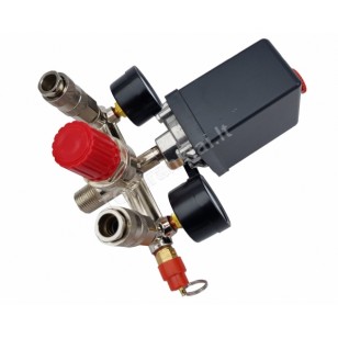 Reguliatorius kompresoriui su slėgio jungikliu ir manometrais | 230V (SK10681) Reguliatorius kompresoriui su slėgio jungikliu ir manometrais | 230V (SK10681)