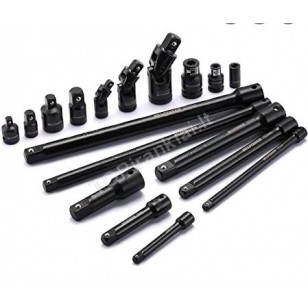 Smūginių ilgintuvų / adapterių / šarnyrų rinkinys | 6.3 mm (1/4) / 10 mm (3/8) / 12,5 mm (1/2) | 18 vnt.